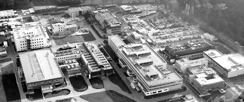 Aerial view of a pharmaceutical manufacturing campus